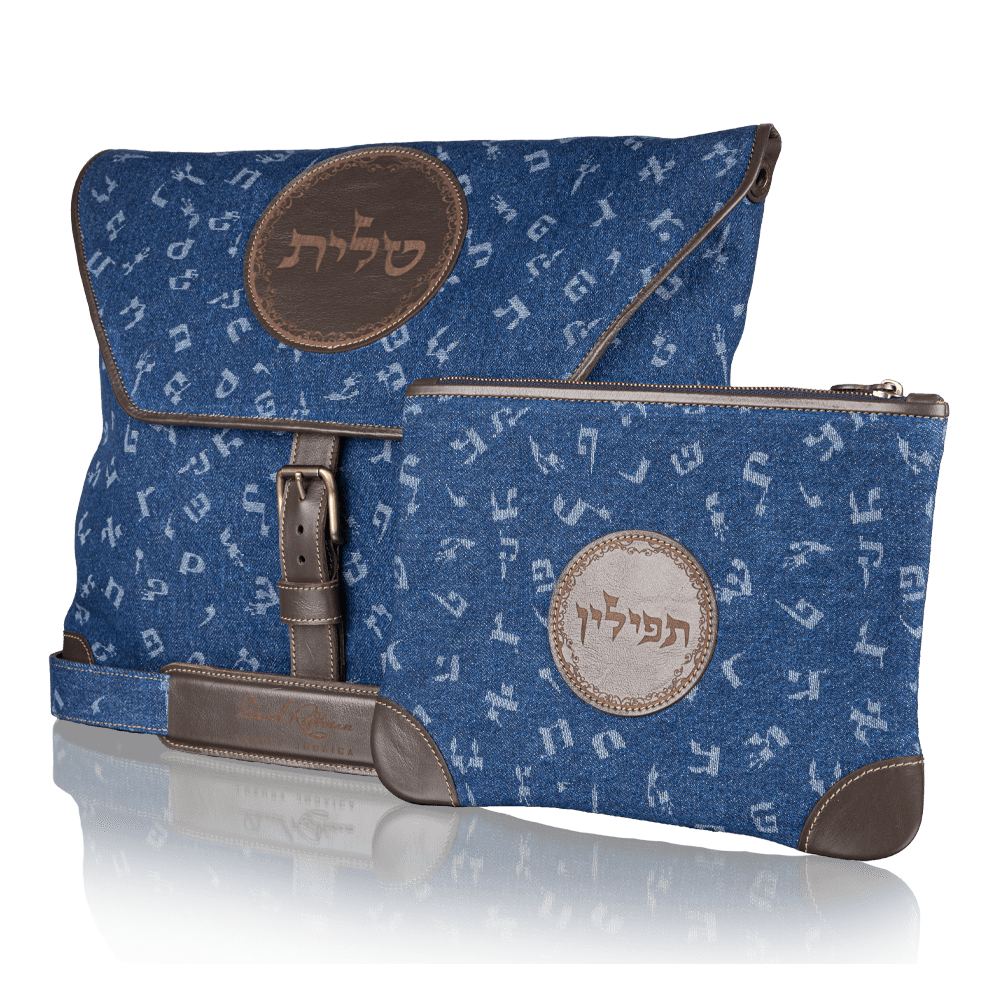 סט "צפת" לטלית ולתפילין עם אותיות האלף־בית העברי – ג'ינס